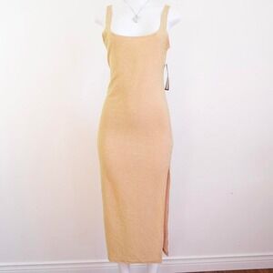 bebe gold shimmer maxi dress y2k glam slit gown